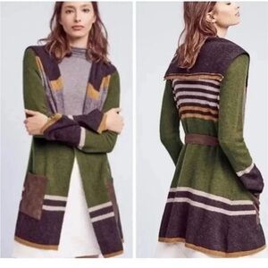 Anthropologie Lambswool Striped Green and Gray Women's Sweater
